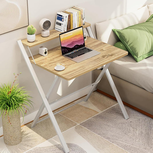 Folding Desk 2-Tier Foldable Small Spaces 27"W Home Office, Oak