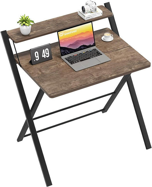 Folding Desk 2-Tier Foldable Small Spaces 27"W Home Office-Brown