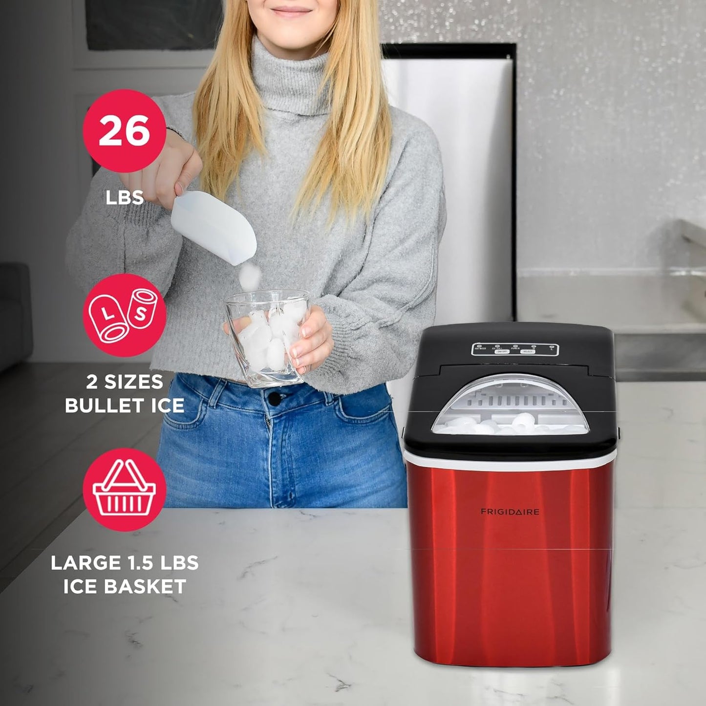 Frigidaire Ice Maker Two Size Maker 26lb Ice Production, Red