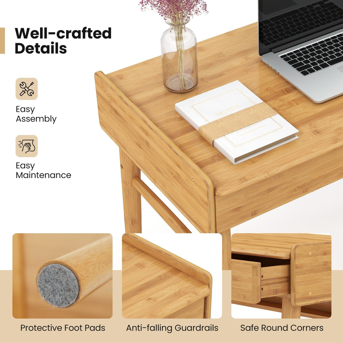 Bamboo Writing Desk W/2 Drawers & Open Shelf Study Writing Desk