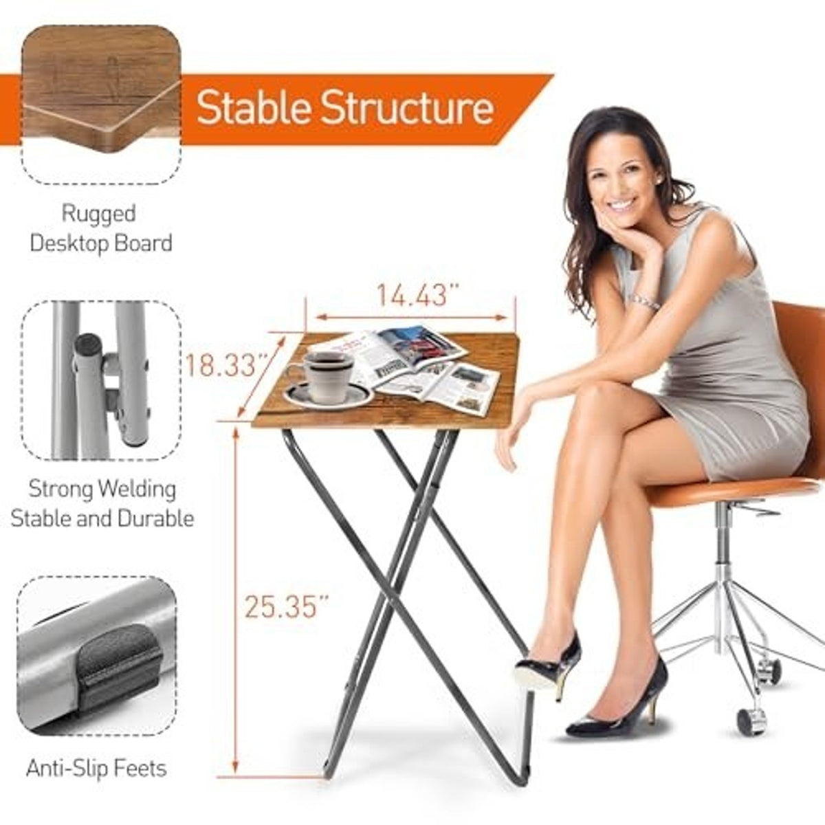 Folding TV Tray Table Metal Frame Foldable Side Table, Brown