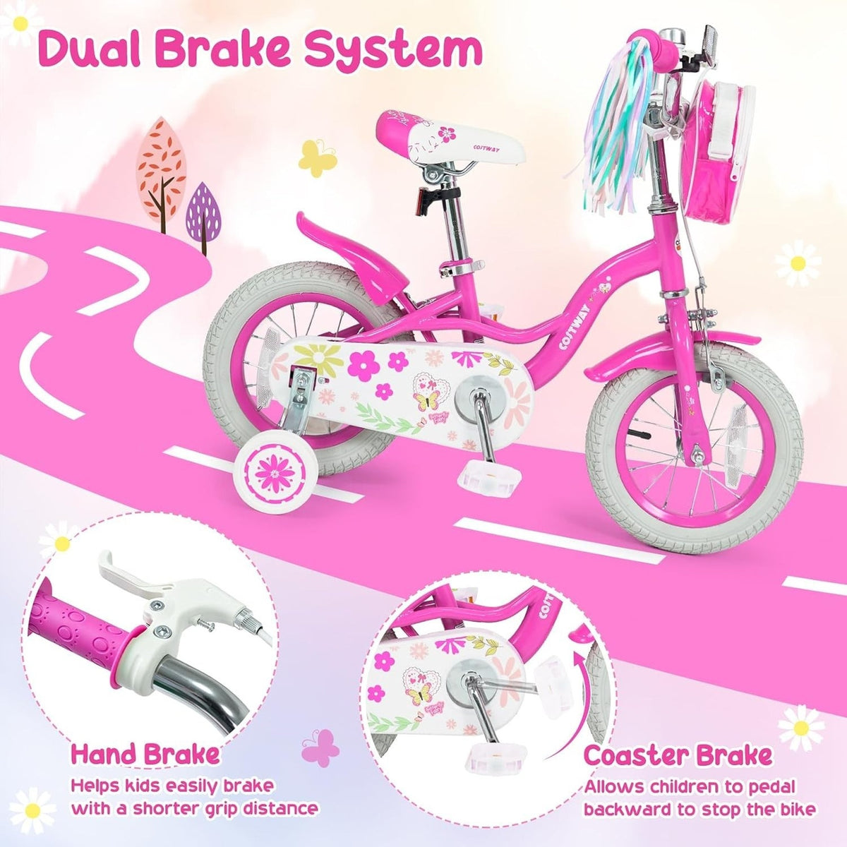 Bike 3-8 Girls 12" Wheels Bike w/ Front Bag Streamers Train Bike
