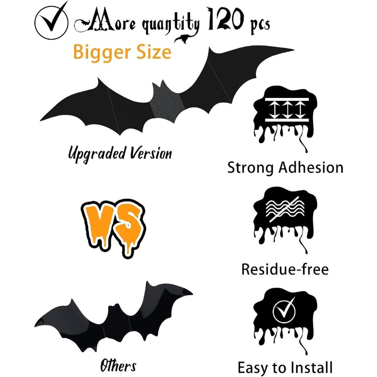 Halloween Bats Wall Decor 4 Size Black 3D Bat Decoration-120 Pcs
