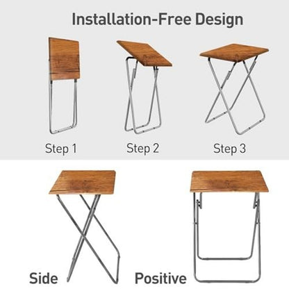 Folding TV Tray Table Metal Frame Foldable Side Table, Brown