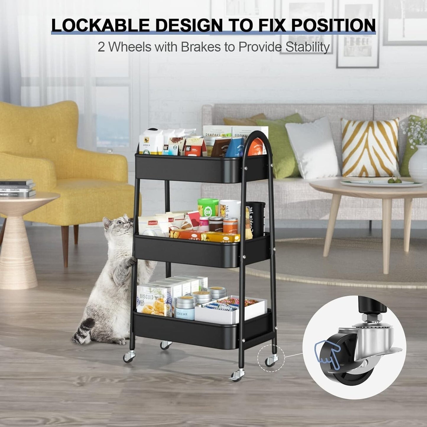 Utility Rolling Cart Metal Storage 3-Tier Trolley Cart, Black