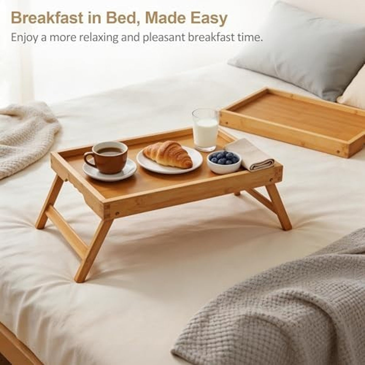Bamboo Breakfast Tray Folding Breakfast Set of 2 Tray, Natural