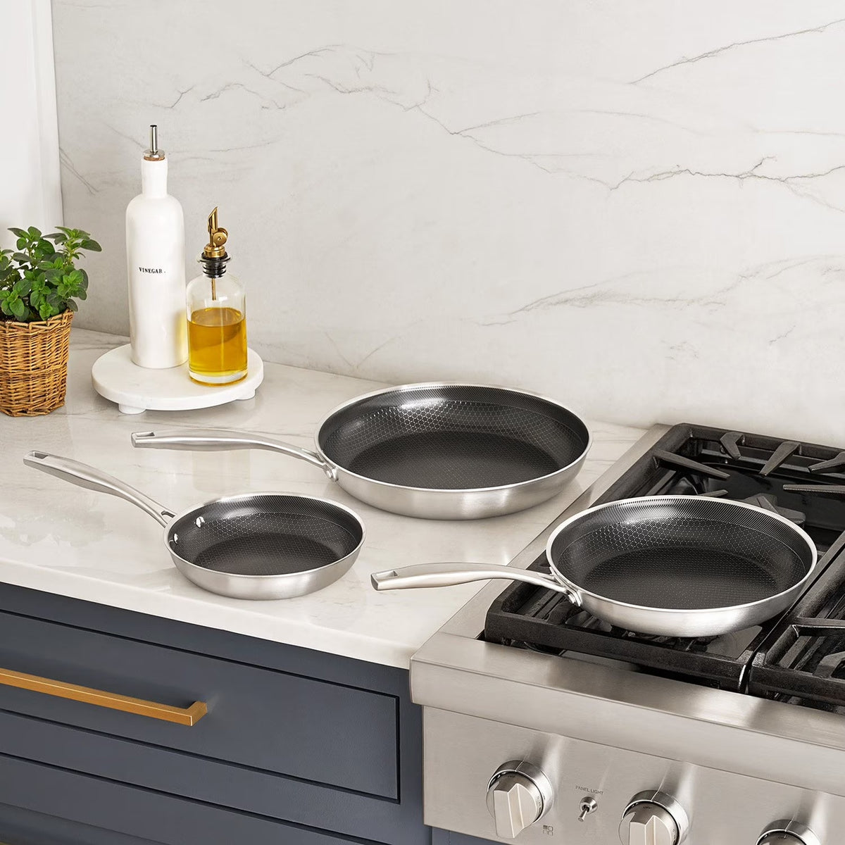 Ceramic Hybrid Fry Pan 3Pcs Set Hexagon Tri-Ply Pan , 8",10"& 12"