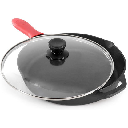 Cast Iron Skillet W/Lid Holder & Scrapers Pre-Seasoned 12" Pan