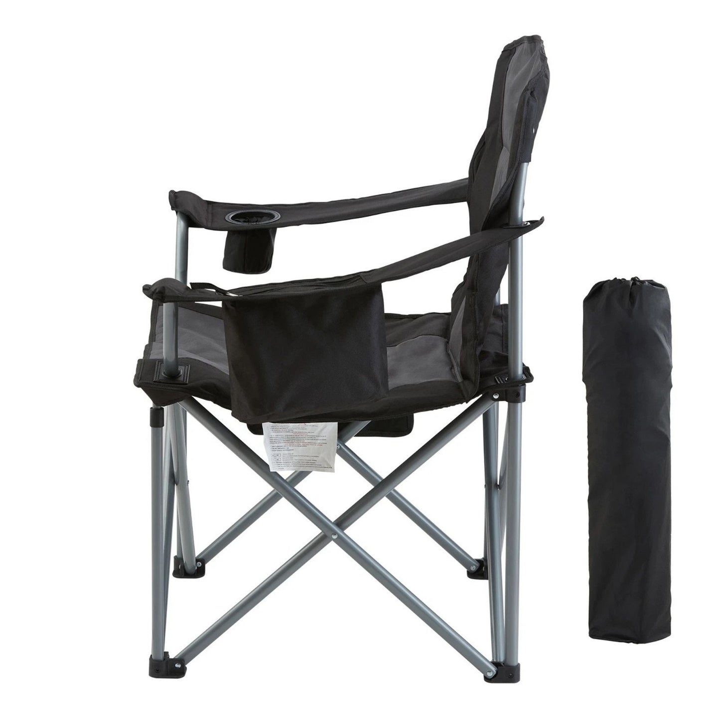Camping Chair Padded Lumbar Support Cooler Bag Cup Holder, Black