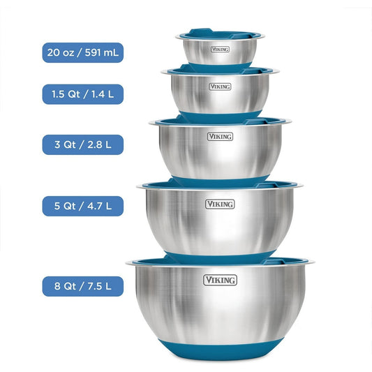 Stainless Steel Mixing Bowl Prep Serving 10-Piece Bowl Set, Teal
