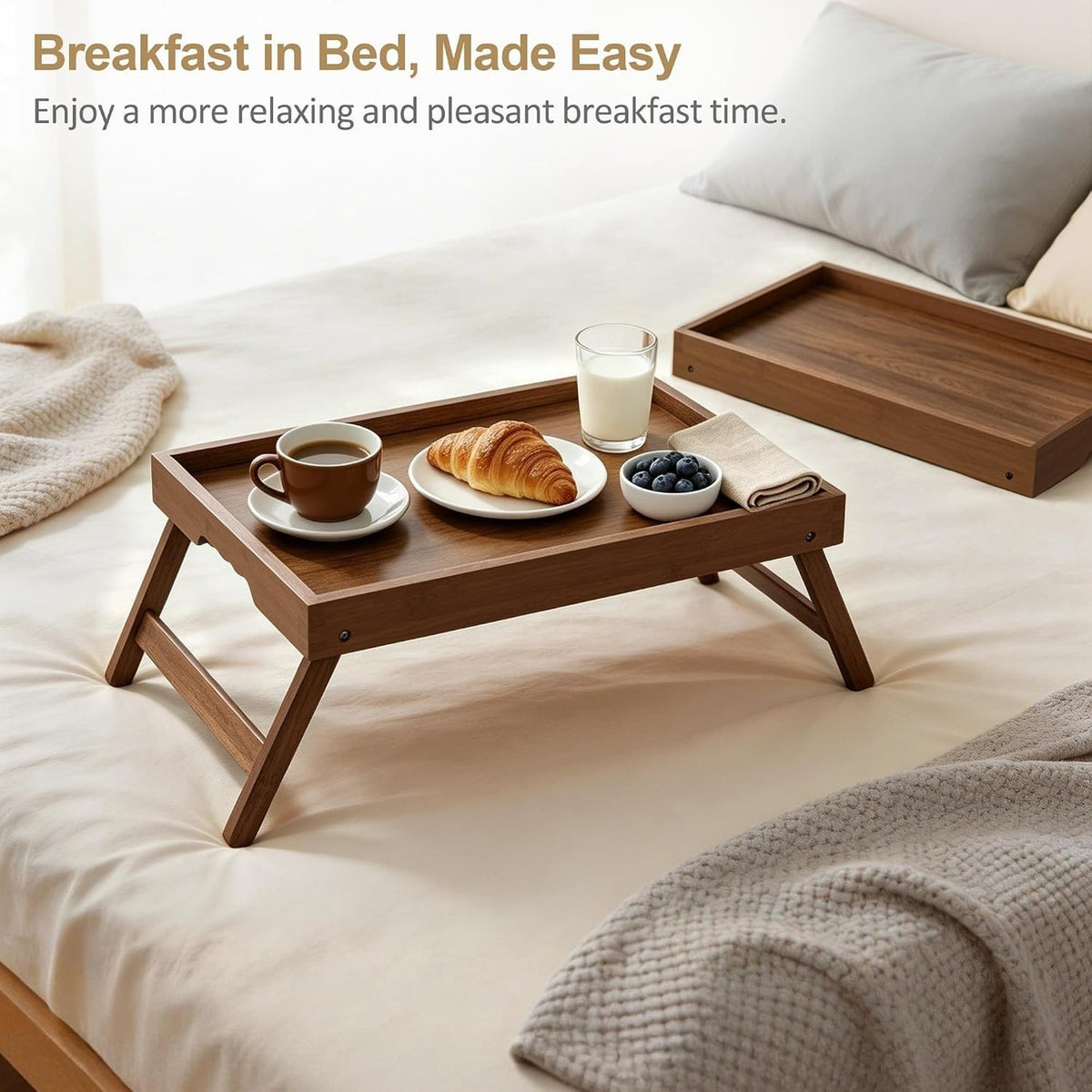 Bamboo Breakfast Tray Set of 2 Folding Legs Bed Sofa Tray, Walnut