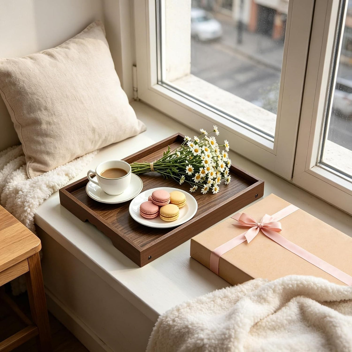 Bamboo Breakfast Tray Set of 2 Folding Legs Bed Sofa Tray, Walnut