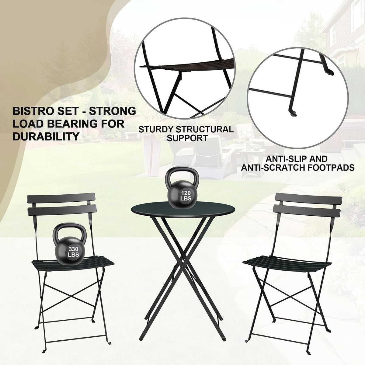 Outdoor Furniture Set 3-Pcs Folding Balcony Steel Frame Set-Black