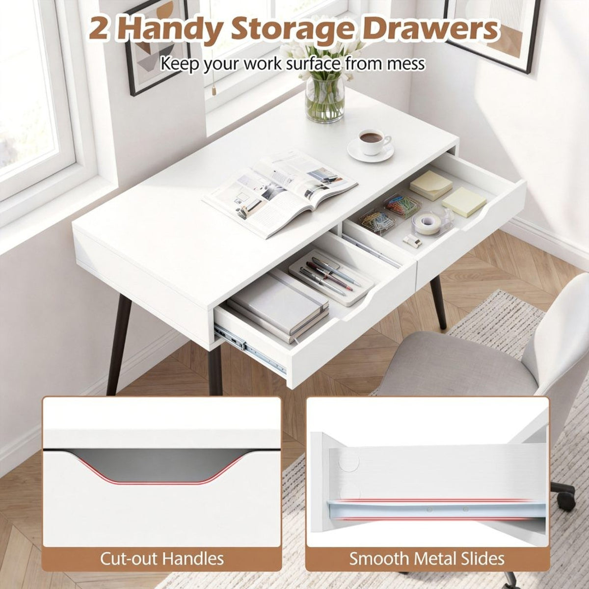 Modern White Writing Desk 2 Drawers Wood Legs 42.5" Home Office