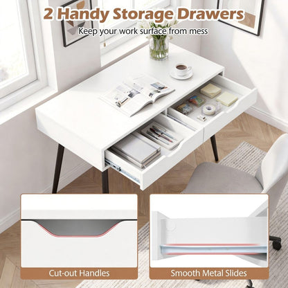 Modern White Writing Desk 2 Drawers Wood Legs 42.5" Home Office