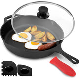 Cast Iron Skillet W/Lid Holder & Scrapers Pre-Seasoned 12" Pan