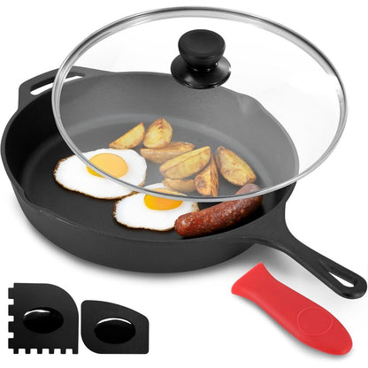 Cast Iron Skillet W/Lid Holder & Scrapers Pre-Seasoned 12" Pan
