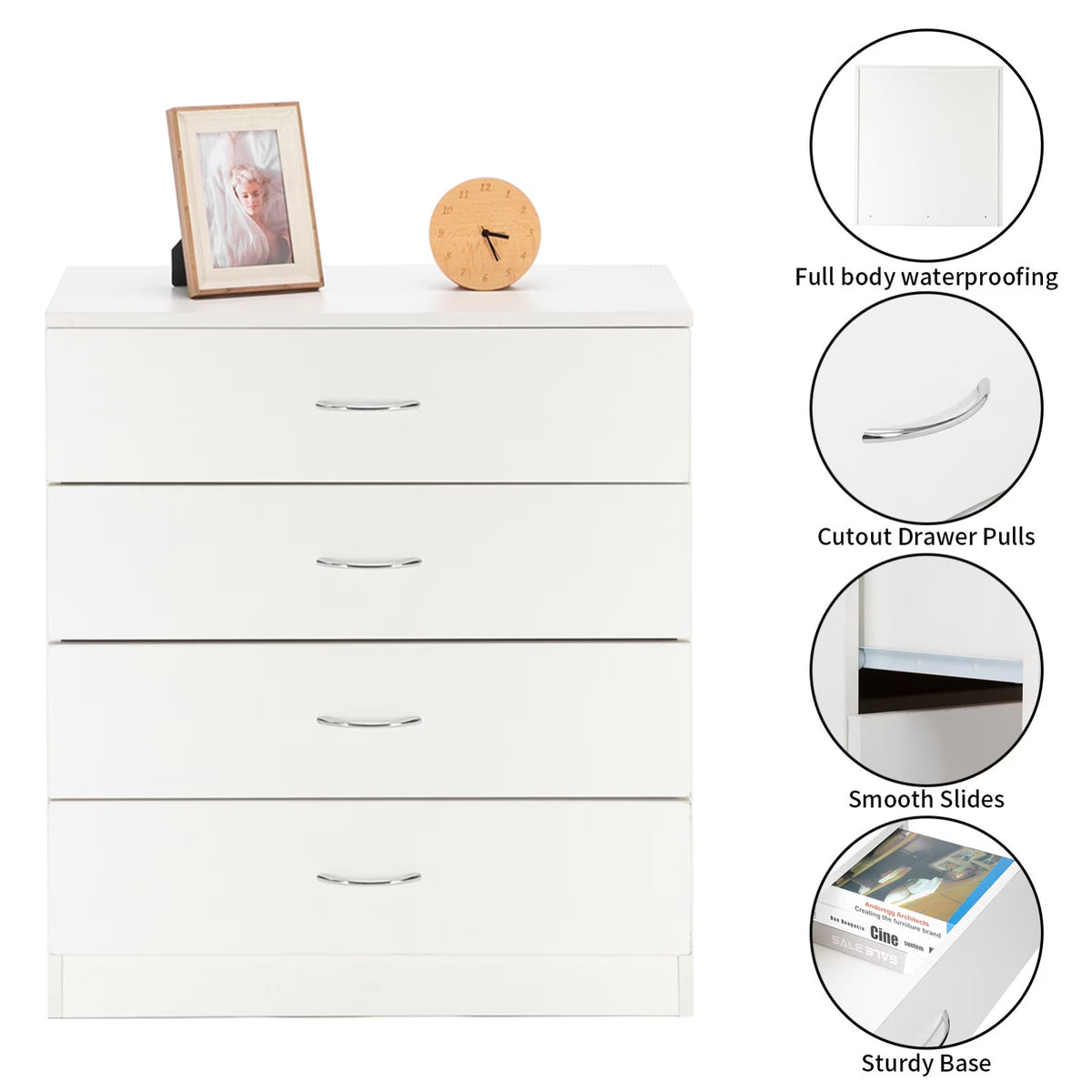 Storage Cabinet 4 Drawer Dresser Hallway Chest Organizer, White