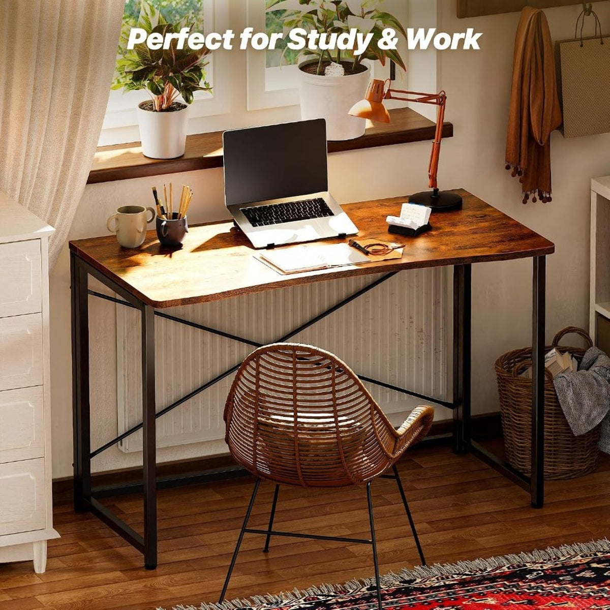 Foldable Computer Desk 39.4"W Small Space Table, Rustic Brown