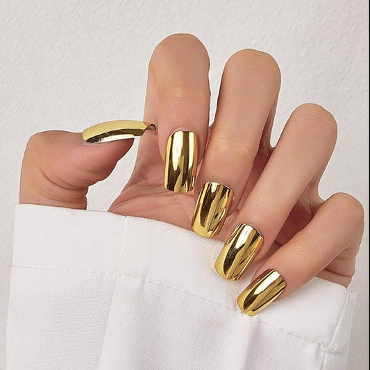 French False Nails Women Girls Gold Fake Press On Nails, 24Pc