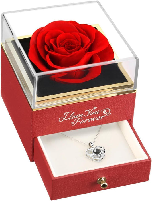 Red Rose Mother's Day Preserved Rose W/Hidden I Love You Necklace