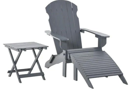 Folding Adirondack Chair W/Ottoman & Side Table 3-Pcs Set- Gray