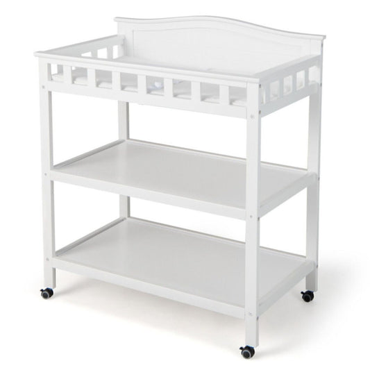 Rolling Serving Table Baby Changing Table W/ Pad and 2 Open Shelves