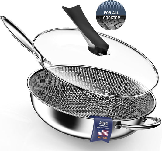 Wok Pan W/Lid Hybrid Deep Nonstick All Cooktops Fry Pans Wok, 13"
