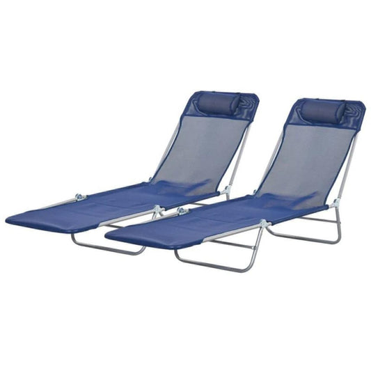 Folding Loungers Pool Reclining Chaise W/Headrest- Blue, Set Of 2