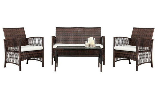Furniture Set 4-PCS Patio Rattan Wicker Table Sofa Chair W/ Cushion