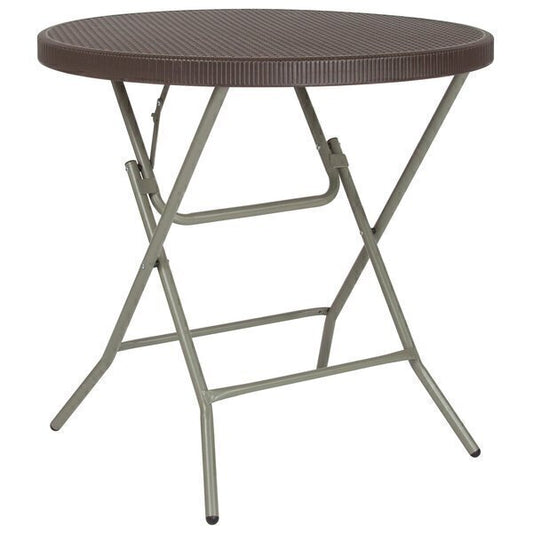 Round Folding Table Indoor Outdoor Rattan Plastic Table, Brown