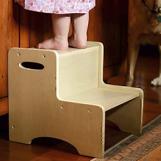 Wooden Two Step Stool With Handles Children Safety Non-Slip Pads Stool