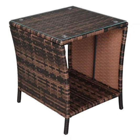 Patio Side Table Rattan Wicker Square Glass Top Tea Coffee Table