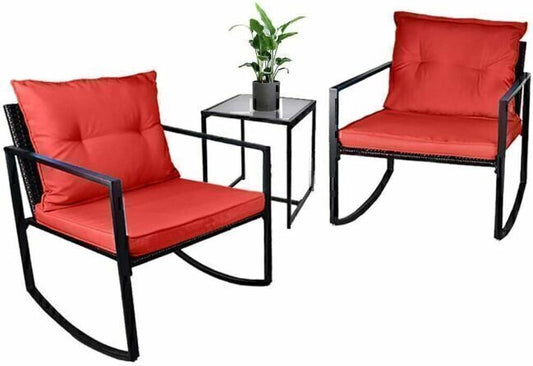 Outdoor Wicker Rocking Bistro 3 Pieces Set Rattan Chair with Cushions