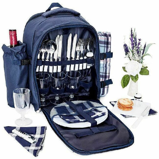 Picnic Basket Backpack Set 4 persons Dinnerware with Insulated Cooler
