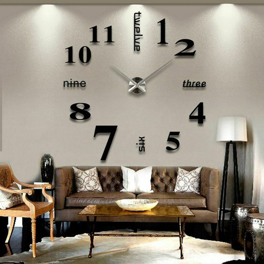 Frameless 3D Wall Clock Round Shape Modern Quartz Clock Sticker, Black