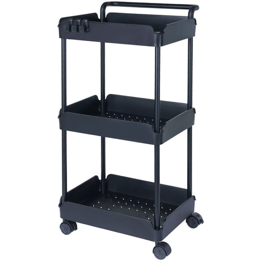 Rolling 3-Tier Utility Cart Basket Storage Trolley W/Handle-Black