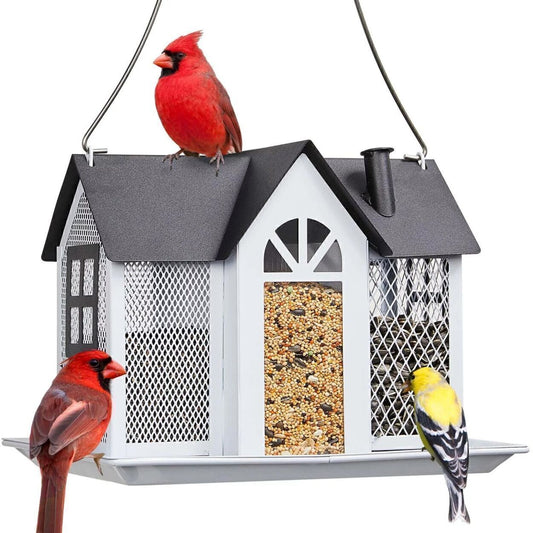 Metal Bird Feeder Patio Large Capacity W/Triple Feeders Station-White