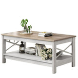 Coffee Table 2-Tier Wood Center Table With Storage Shelf, Gray