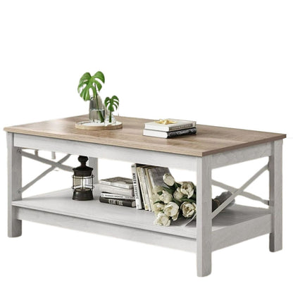 Coffee Table 2-Tier Wood Center Table With Storage Shelf, Gray