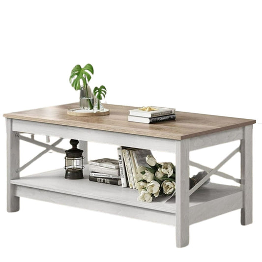 Coffee Table 2-Tier Wood Center Table With Storage Shelf, Gray