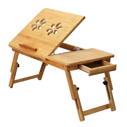 Bamboo Laptop Serving Table Bed Tray Workstation With Drawer Storage