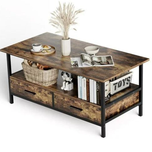Coffee Table 2-Tier Center Table With Storage Shelf, Rustic Brown