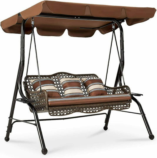 Patio 3-Persons Swing Chair Rattan Wicker Swing W/Cushions and Pillows