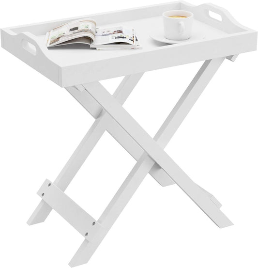 Folding Tray Table Side Table Removable Top Food Serving, White