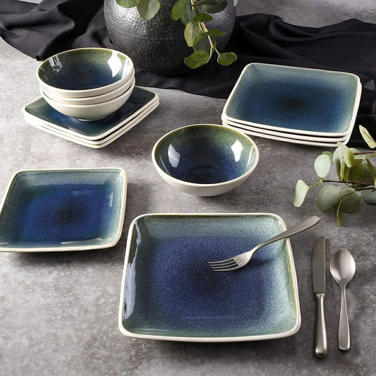 Dinnerware Set Stoneware 12-Piece Square Casual Dinnerware Set-Blue