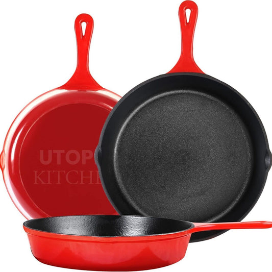 Frying Pan Pre-Seasoned Cast Iron Skillet Set (6", 8"& 10"), Red
