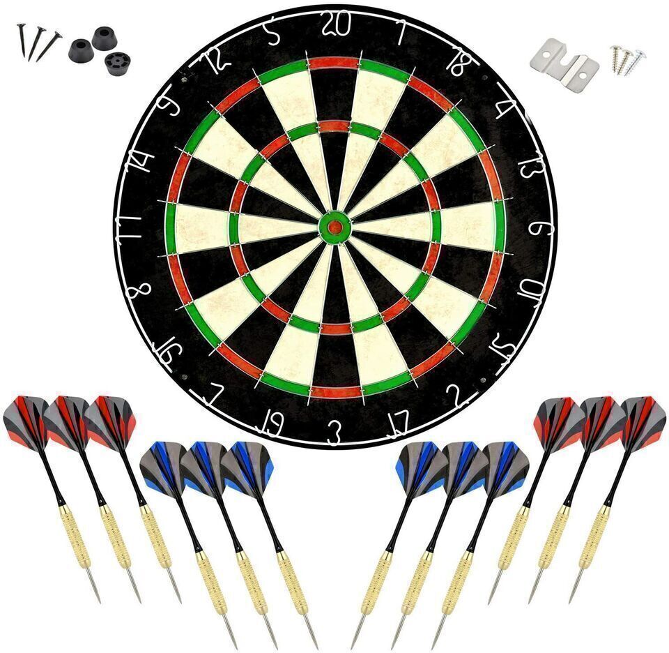 Dartboard With Staple-Free Bullseye and 12 Steel Tip Dart Set