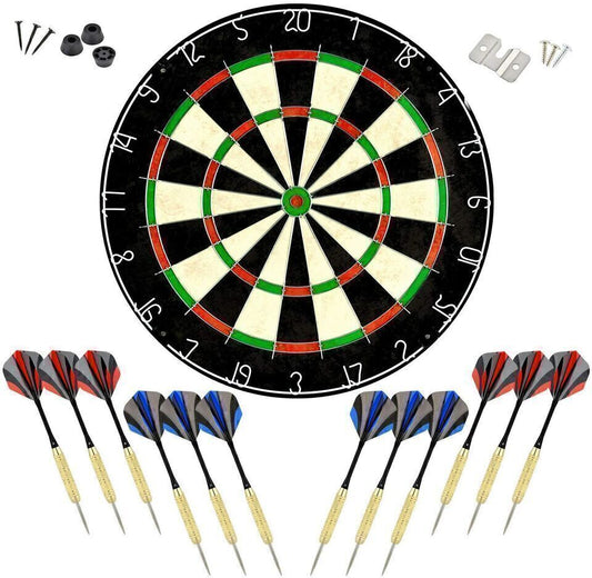 Dartboard With Staple-Free Bullseye and 12 Steel Tip Dart Set