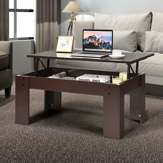 Lift Top Table W/ Hidden Compartment Pop-UP Coffee Table-Brown